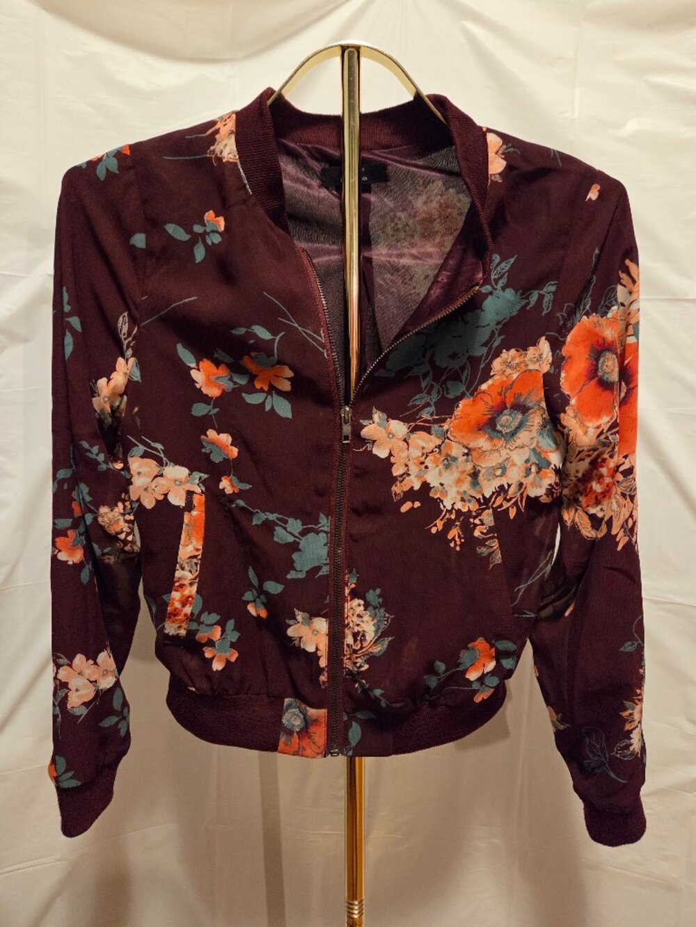 Iris Los Angeles Burgundy Floral Satin Bomber Jacket S